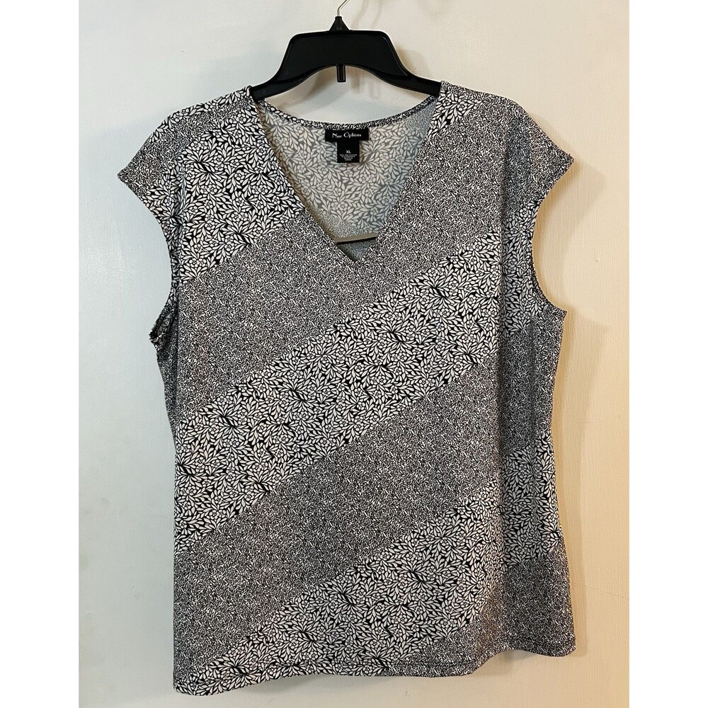 Nue Options Women's XL Black White Floral V-Neck Sleeveless Stretch Blouse